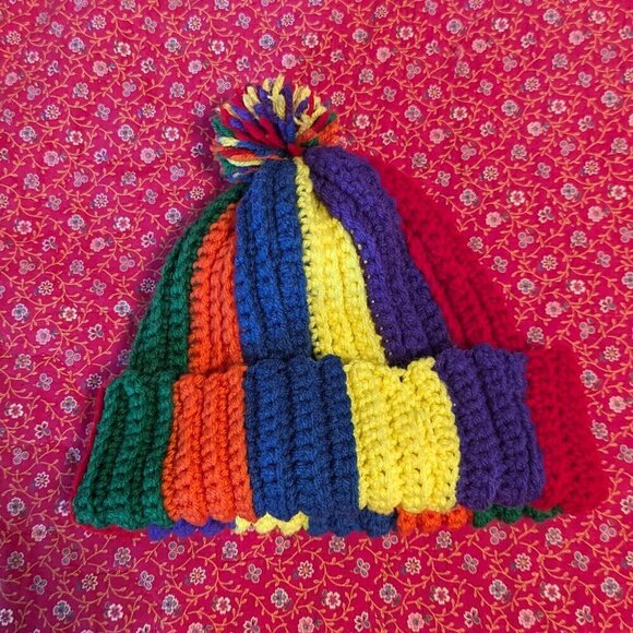 Vintage Rainbow Knit Beanie Hat Cap Pom Clown Umbrella Pattern Unisex - Picture 2 of 3